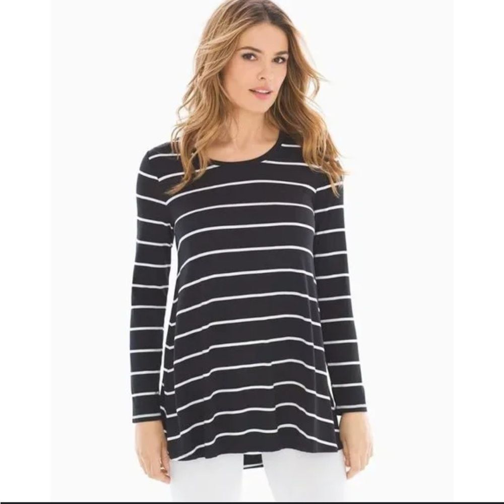 Soma Women's Long Sleeve Black & White Striped Yoke Tunic Top Crew Neck Size M